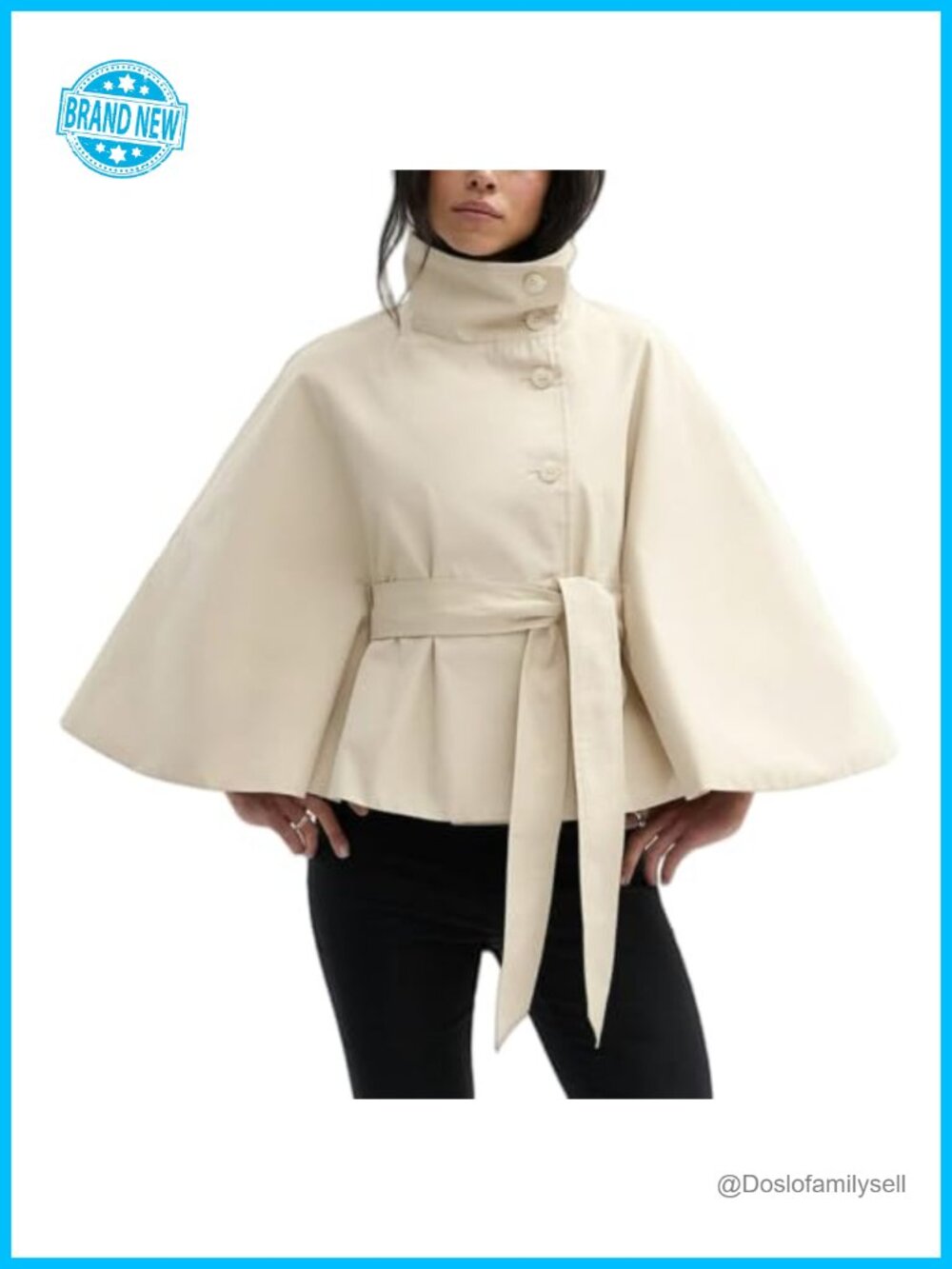 Womens Cape Trench Jacket Batwing Sleeve Belted Pea Coat Fall Spring Outwear